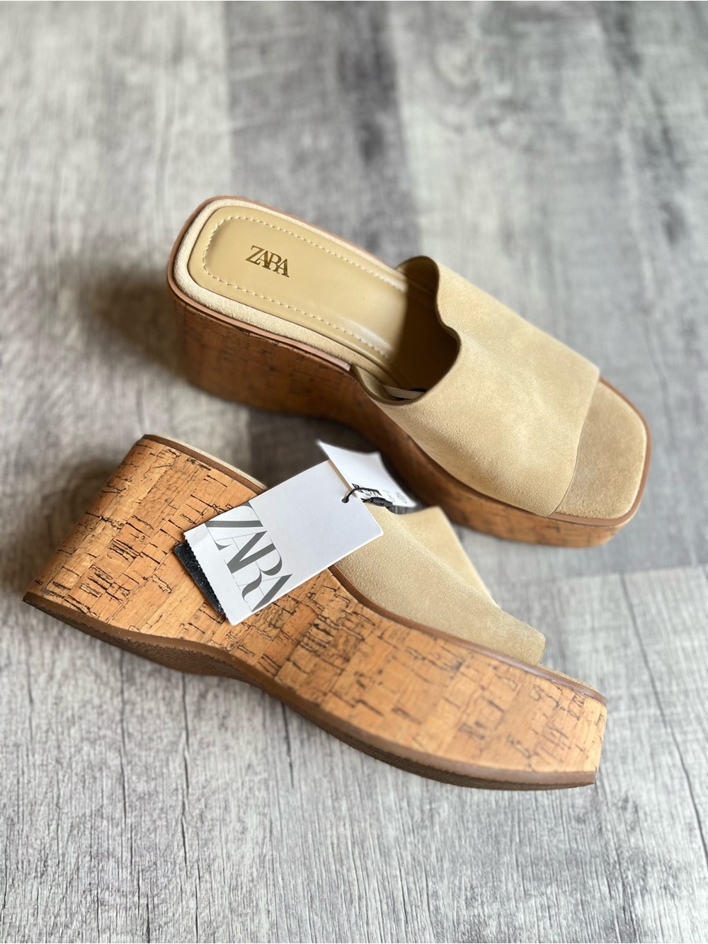 Zara Leather Platform Slide Wedge Sandals in Cream Women’s Size 6